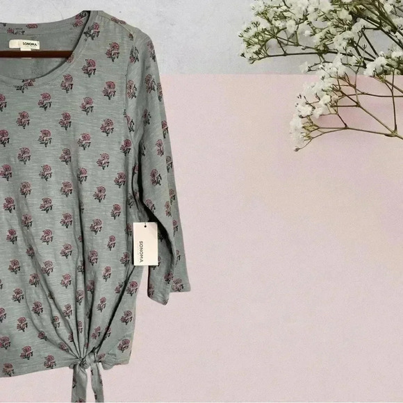 Sonoma NEW W Tags Women's medium side-tie 3/4 sleeve tee.  Green and rose - Picture 2 of 2